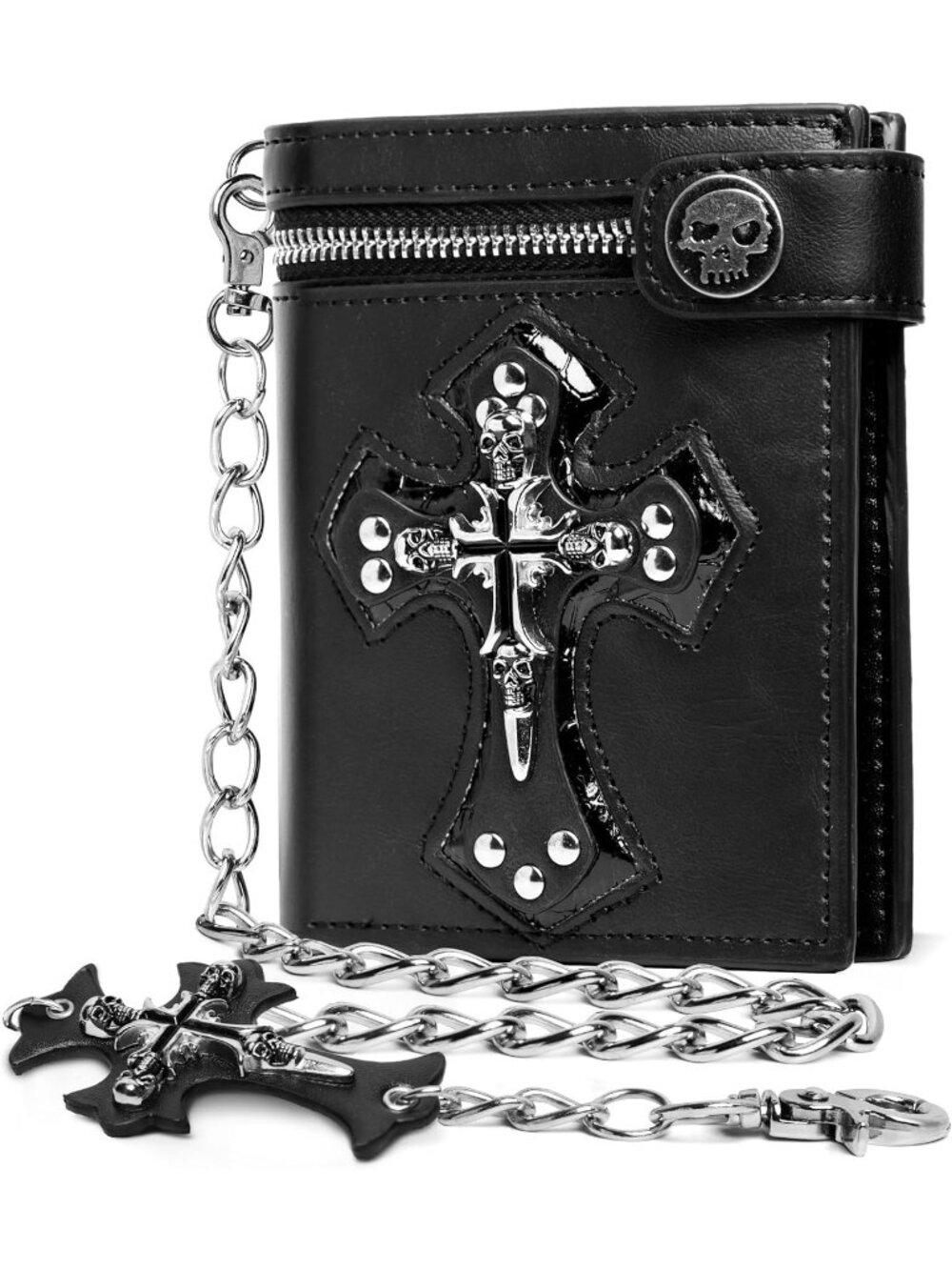 Unisex Jesus Cross Skull Gothic Chain Leather Bifold Punk Wallet